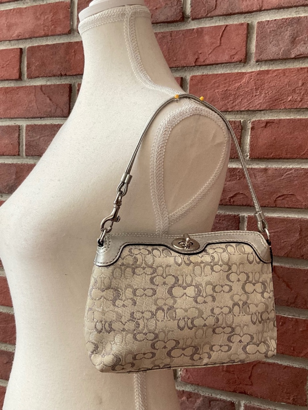 Y2K Coach Metallica Silver Optic Signature Lurex Turnlock Flap Wristlet Bag